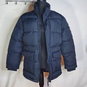 H&M L.O.G.G. Dark Navy Fully Lined Poly Sleeve Patch Puffer Coat Kids Sz 12-13Y